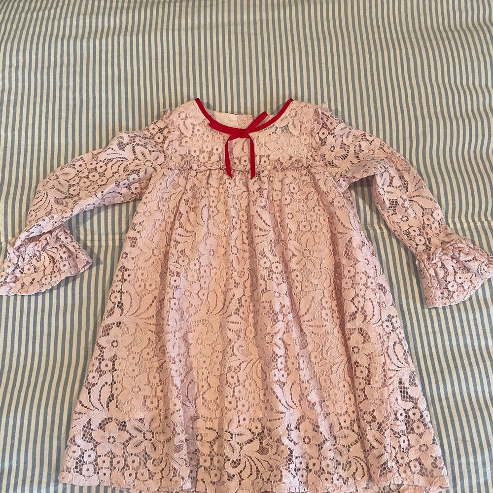 Pink Lace Kids Dress with Red Bow